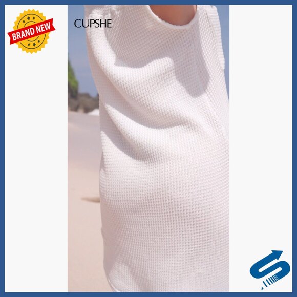 Sleeveless Waffle Knit Beach Coverup Dress Mini Length V Neck Pocket - Picture 7 of 7